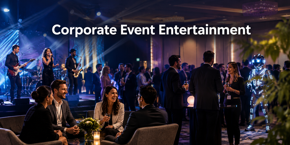 Attendees networking at a modern corporate event with live music entertainment.