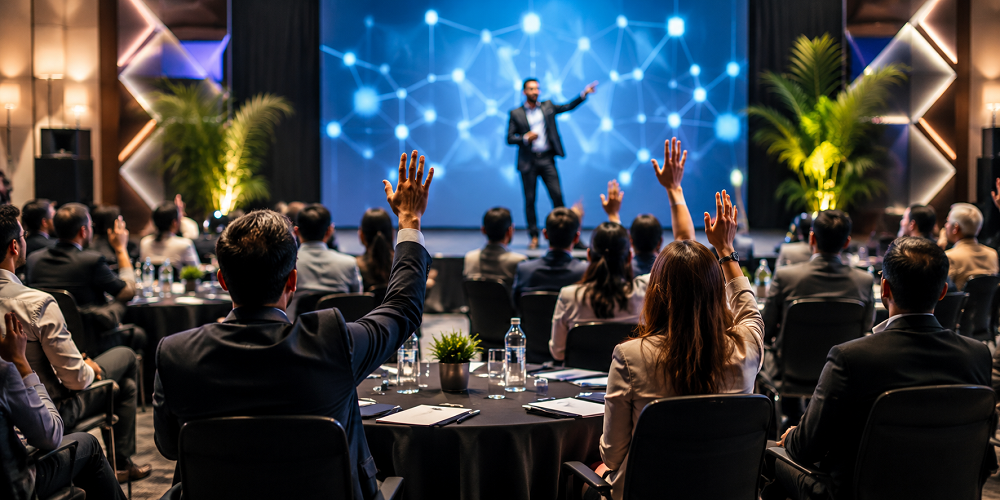 Diverse business professionals raising hands during a presentation at a corporate conference auditorium.
